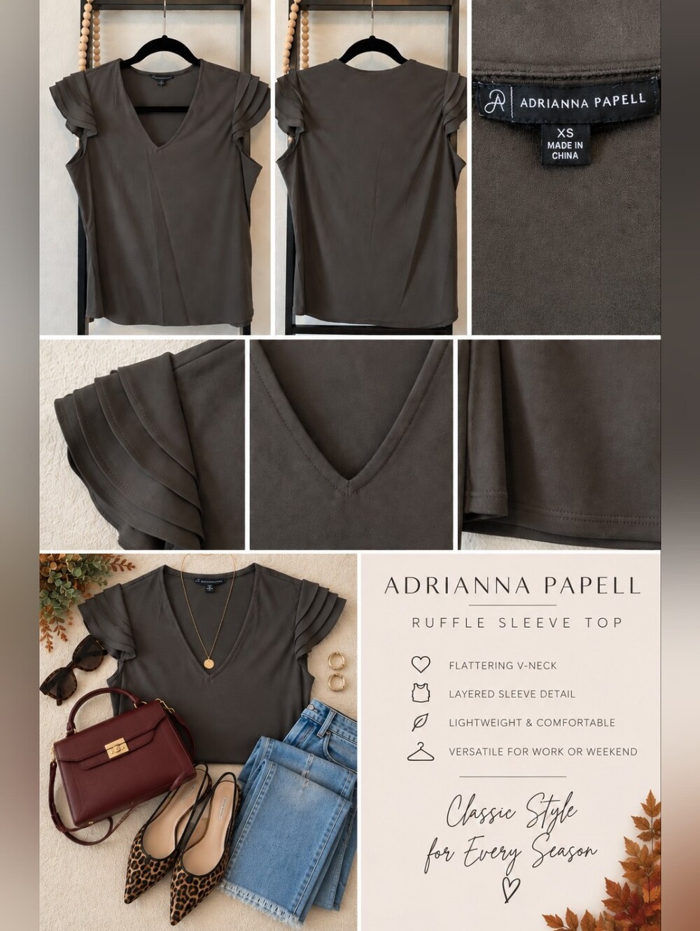 Adrianna Papell Ruffle Sleeve V-Neck Blouse – Charcoal – Size XS